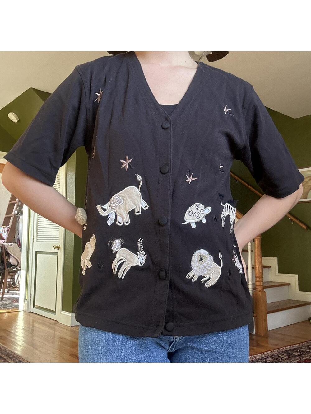 Black embroidered animal and star button up shirt/cardigan